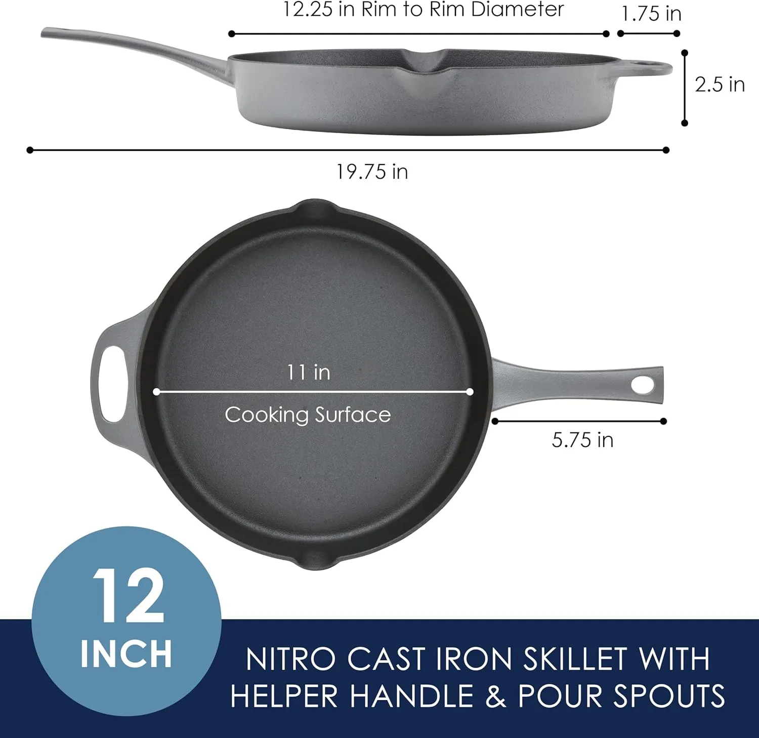 Rachael Ray NITRO Cast Iron Frying Pan/Skillet with Helper Handle and Pour Spouts, 12 Inch, Gray