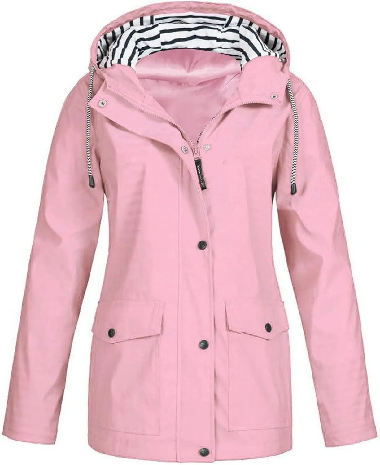 Rain Jacket Women Waterproof Windbreaker Jackets Trendy Striped Lining Raincoat Drawstring Waist Hooded Rain Coats
