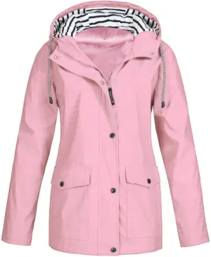 Rain Jacket Women Waterproof Windbreaker Jackets Trendy Striped Lining Raincoat Drawstring Waist Hooded Rain Coats