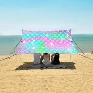 Rainbow Mermaid Scales Beach Canopy Tent Anti-UV & Wind Resistant, Glitter Sparkles Camping Sun Shelter Easy Setup Portable,Outdoor Shade Tents with Sandbags,Sand Shovels,Ground Pegs & Stability