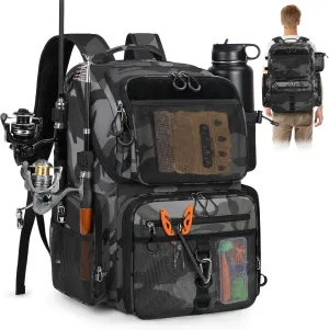 RAINSMORE 45L Fishing Backpack with Rod Holders & Rain Cover Large 900D Water Resistant Fishing Tackle bag Store Fishing Gear