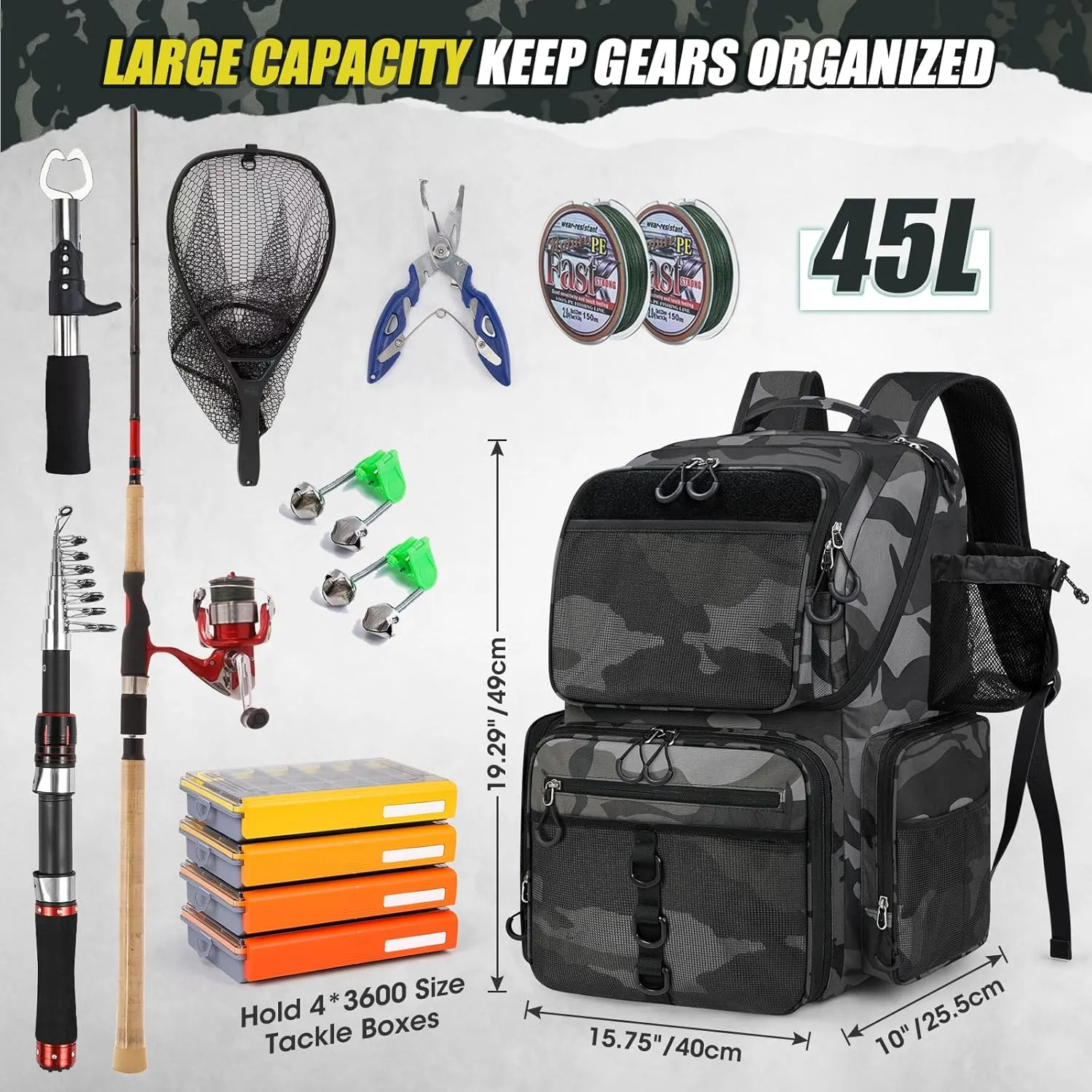 RAINSMORE 45L Fishing Backpack with Rod Holders & Rain Cover Large 900D Water Resistant Fishing Tackle bag Store Fishing Gear