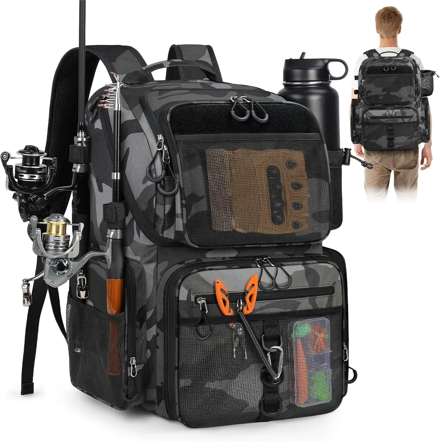 RAINSMORE 45L Fishing Backpack with Rod Holders & Rain Cover Large 900D Water Resistant Fishing Tackle bag Store Fishing Gear