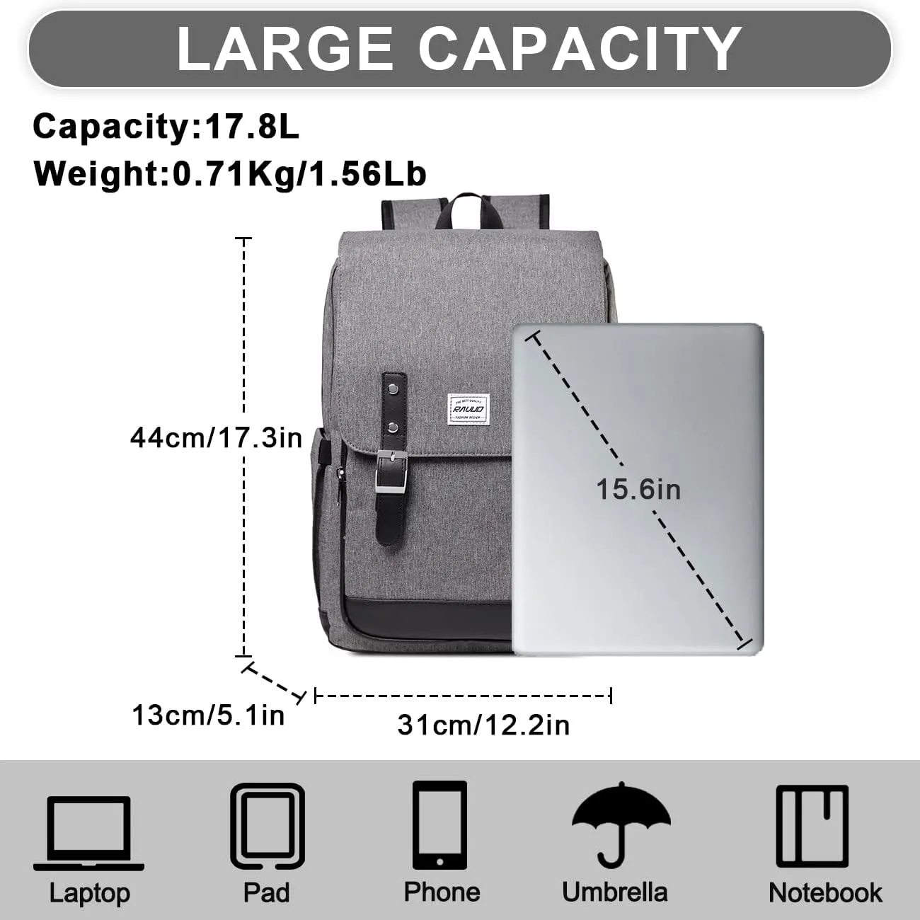 RAVUO Backpack Men Women, Water Resistant 15.6 inch Laptop Haversacks College Bag Casual Daypack Travel Flap Rucksack