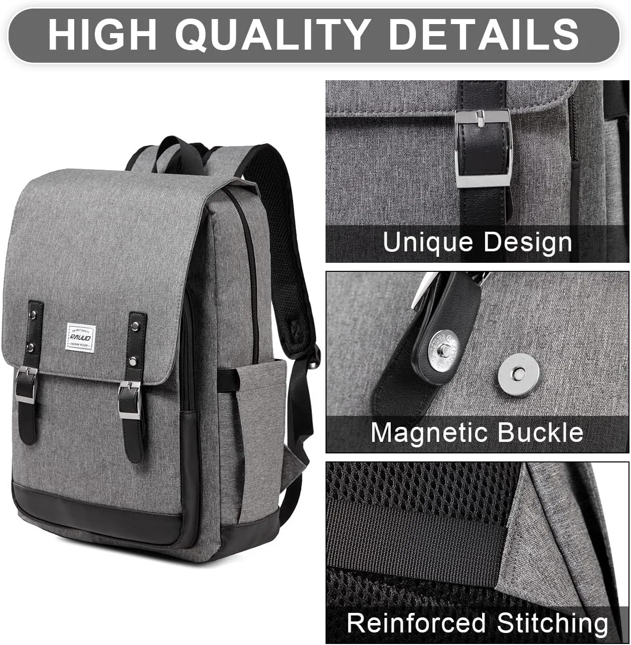 RAVUO Backpack Men Women, Water Resistant 15.6 inch Laptop Haversacks College Bag Casual Daypack Travel Flap Rucksack