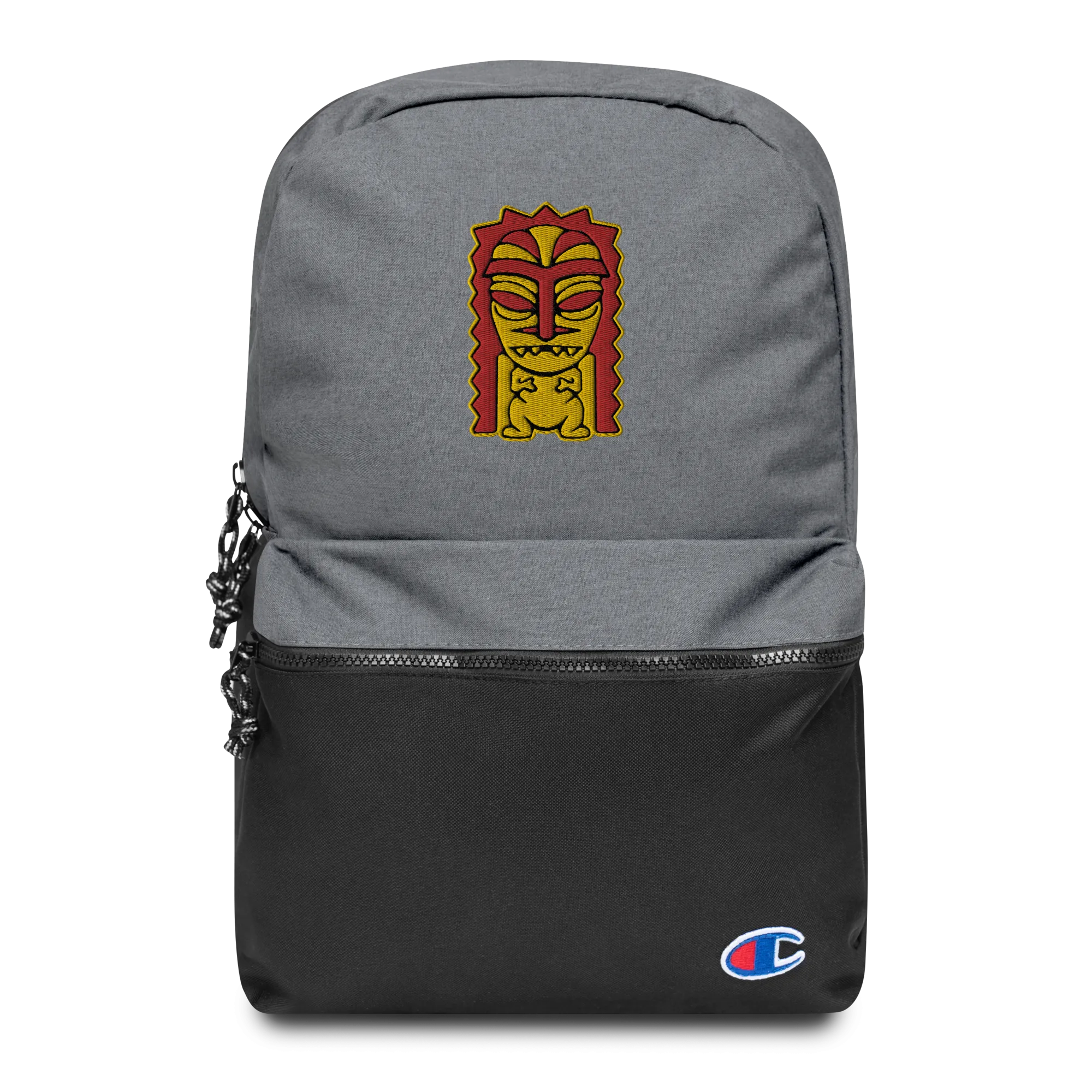 Red and Yellow Tiki Embroidered Champion Backpack