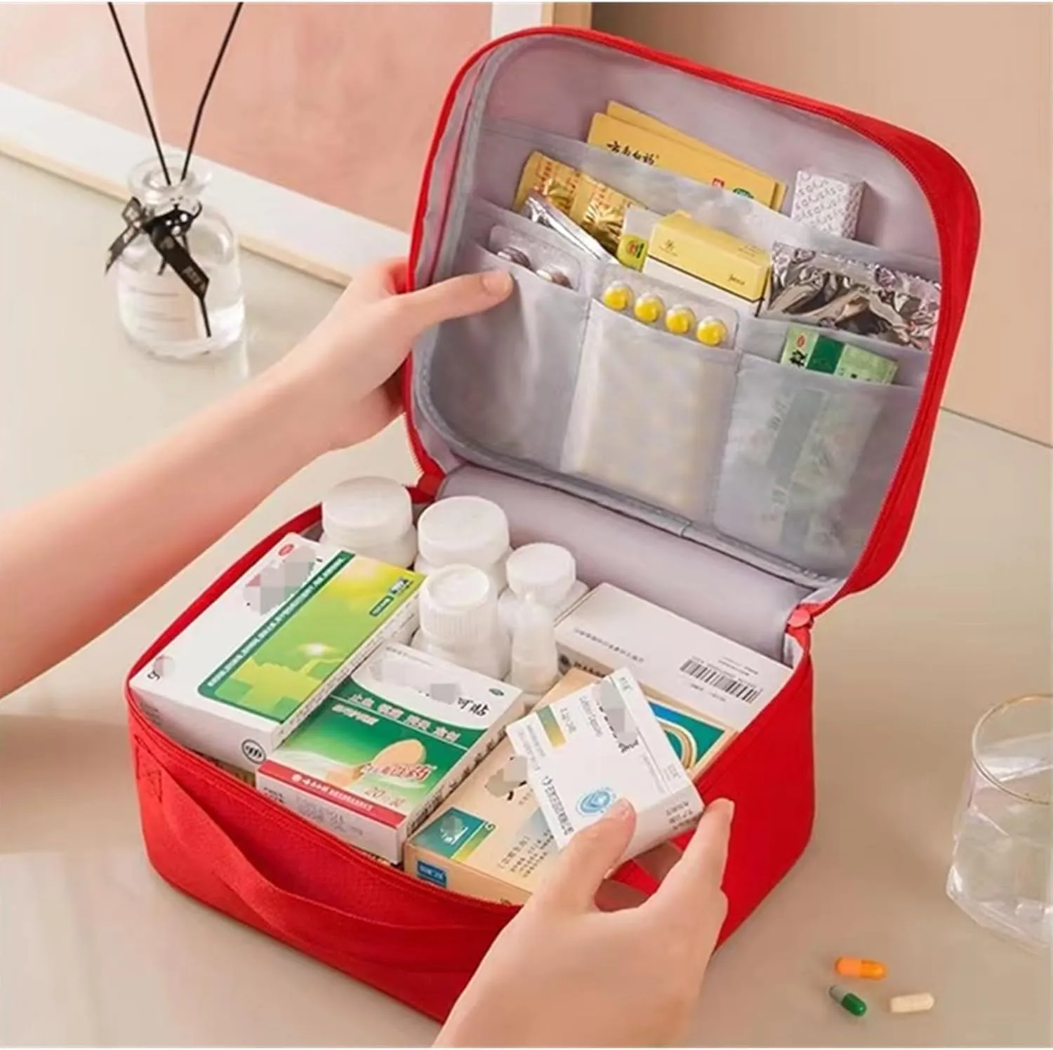 Red First Aid Bag Empty 1st Aid Bag Medical Travel Case First Responder Emergency Storage Compact Medicine Bags for Car Home Office Kitchen Sport Outdoors (Pink)