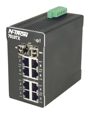 Red Lion Controls/N-Tron 7010TX 10 Port Fully Managed Industrial Ethernet Switch, 8 x 10/100BaseTX, 2 SFP Mini-GBIC Gigabit Fiber Expansion Ports, DIN-Rail