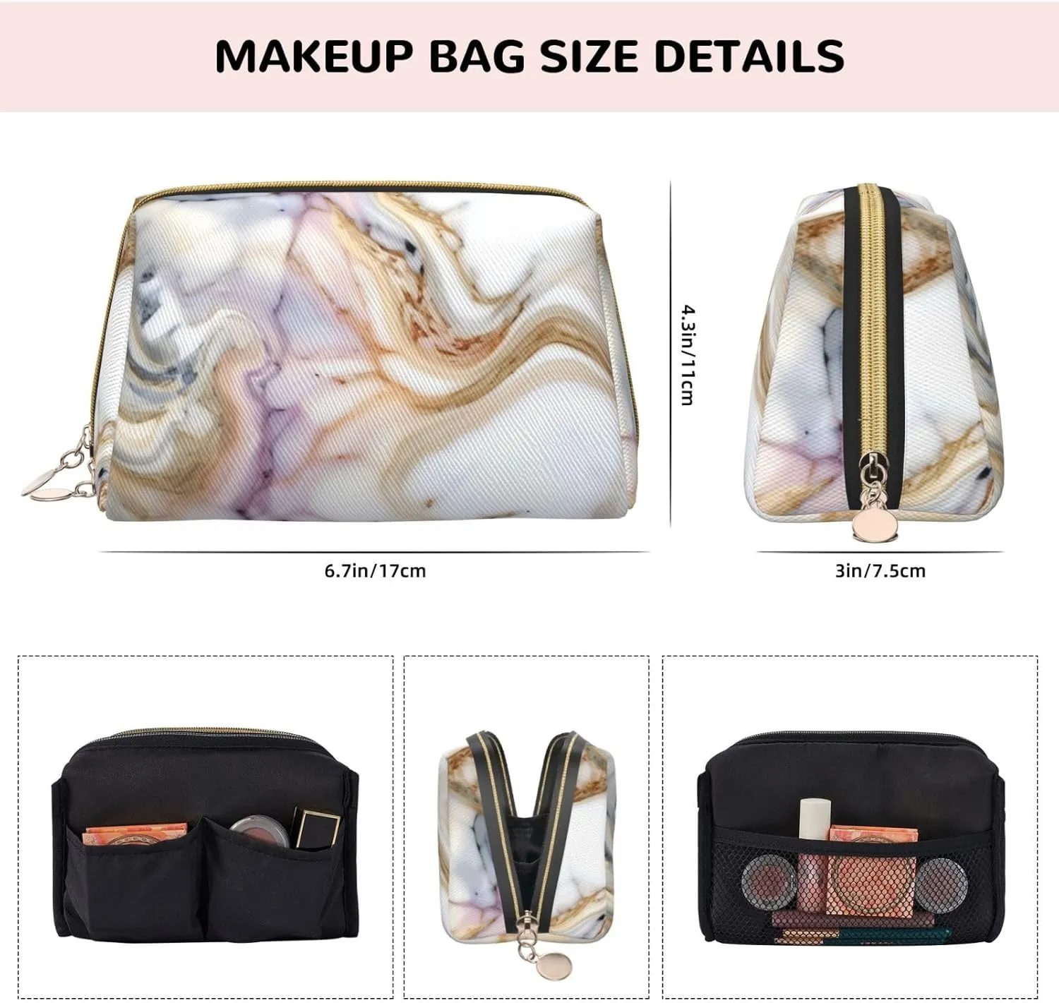 Red White Marble Pattern Toiletry Pouch, Travel-Friendly Makeup Organizer For Makeup Brushes, Lipsticks