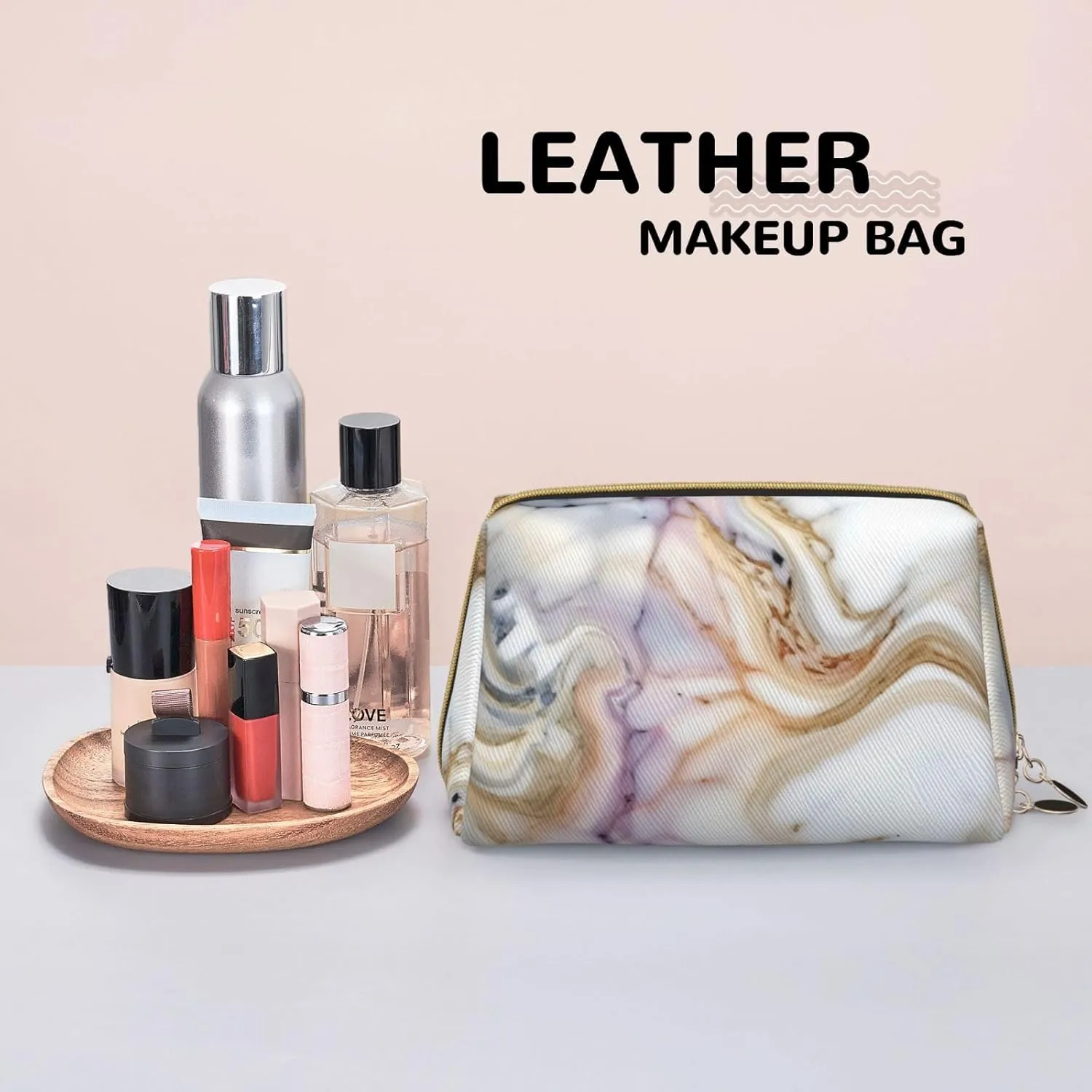 Red White Marble Pattern Toiletry Pouch, Travel-Friendly Makeup Organizer For Makeup Brushes, Lipsticks