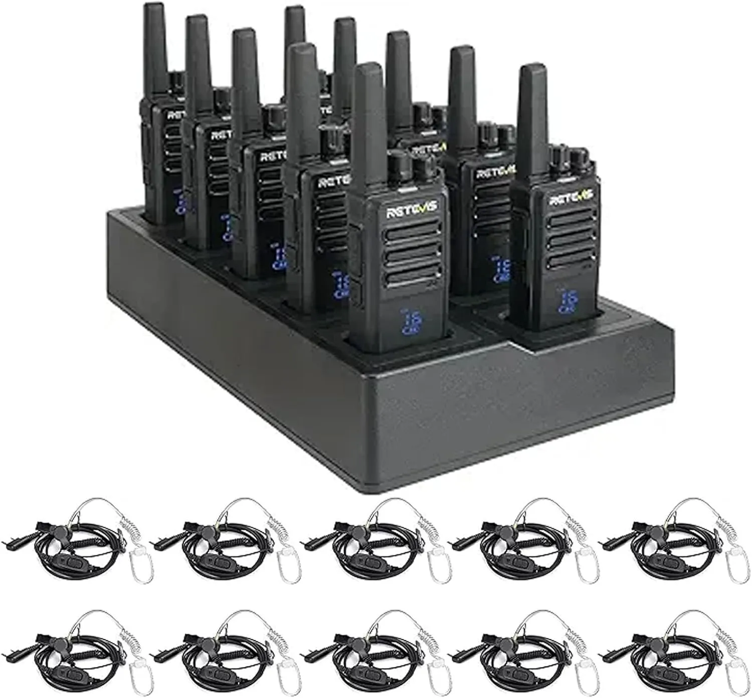 Retevis RT68H 2 Way Radio(10 Pack) with Walkie Talkie Earpiece(10 Pack), with 10 Way Charger, Easier Charging, Easier Management, LCD Display, Keypad Lock, Hands Free Compact Walkie Talkie