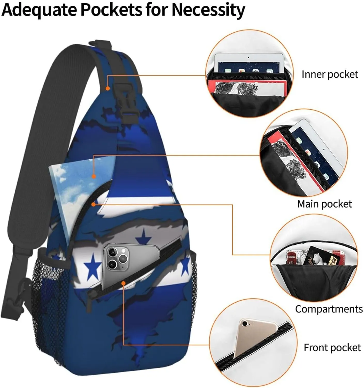 Ripped Honduras Flag Crossbody Bag Cross Chest Bag Adjustable Sling Backpack Sports Gym Shoulder Bags Travel Cycling Daypack Diagonally Casual Rucksack