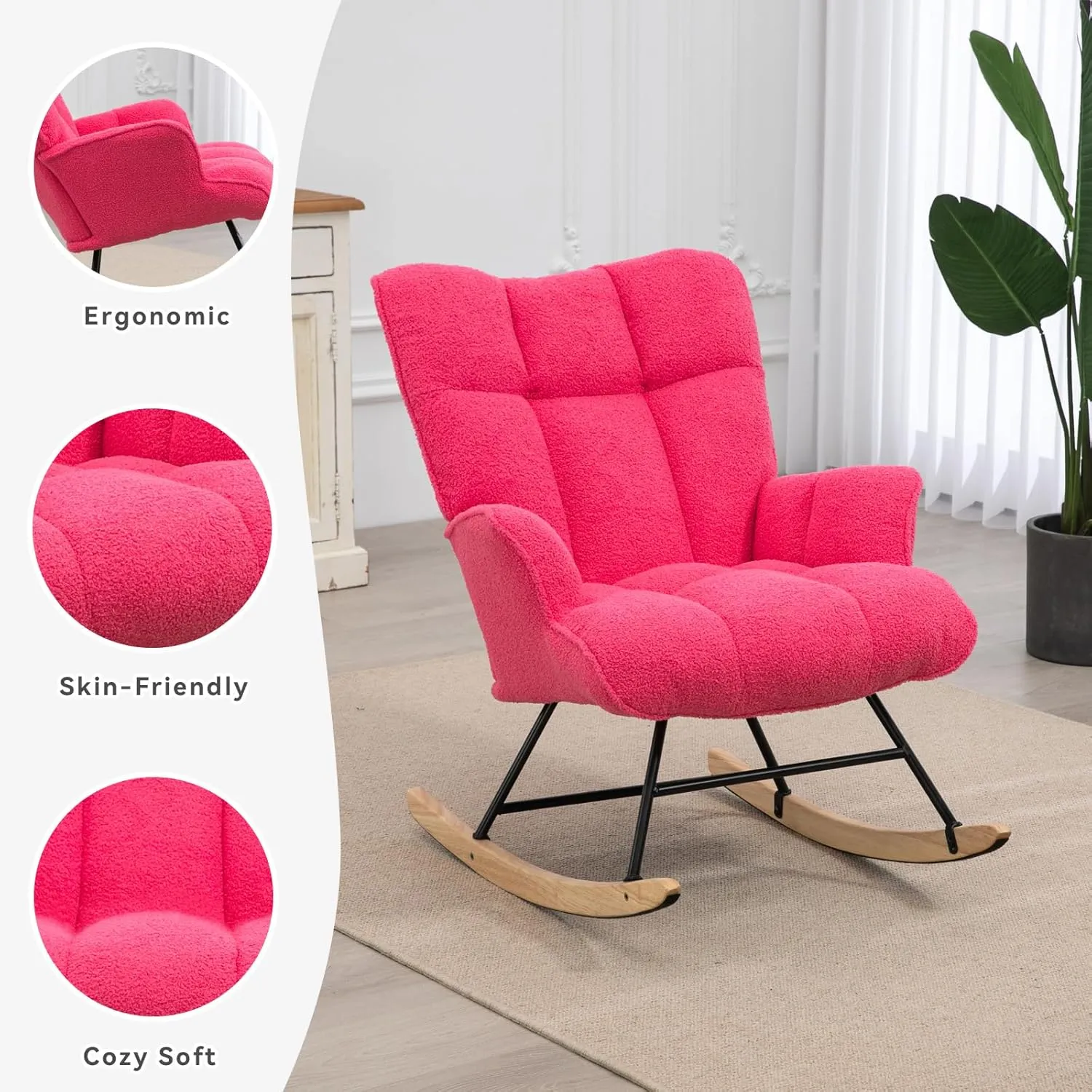 Rocking Chair Nursery Teddy, Upholstered Baby Fluffy Glider Rocker for Adults Small Spaces Indoor, Comfy Sherpa Compact Nursing Chairs for Living Room, Classroom, Bedroom, Hotpink