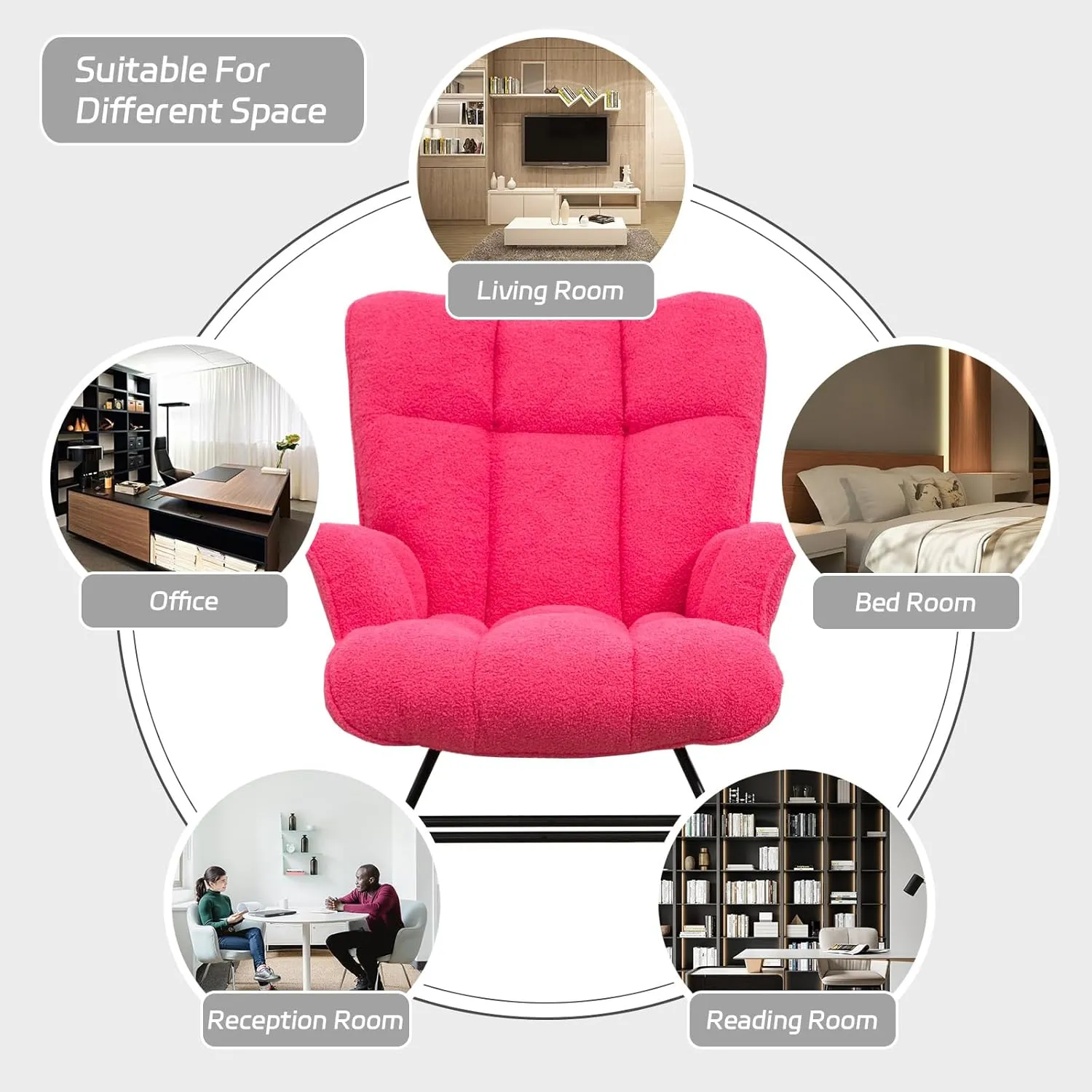 Rocking Chair Nursery Teddy, Upholstered Baby Fluffy Glider Rocker for Adults Small Spaces Indoor, Comfy Sherpa Compact Nursing Chairs for Living Room, Classroom, Bedroom, Hotpink