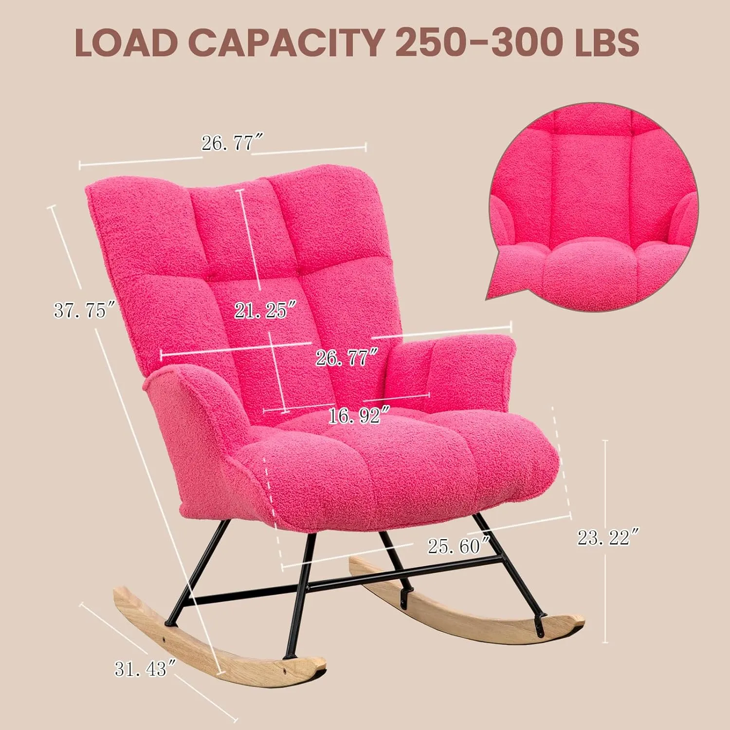 Rocking Chair Nursery Teddy, Upholstered Baby Fluffy Glider Rocker for Adults Small Spaces Indoor, Comfy Sherpa Compact Nursing Chairs for Living Room, Classroom, Bedroom, Hotpink