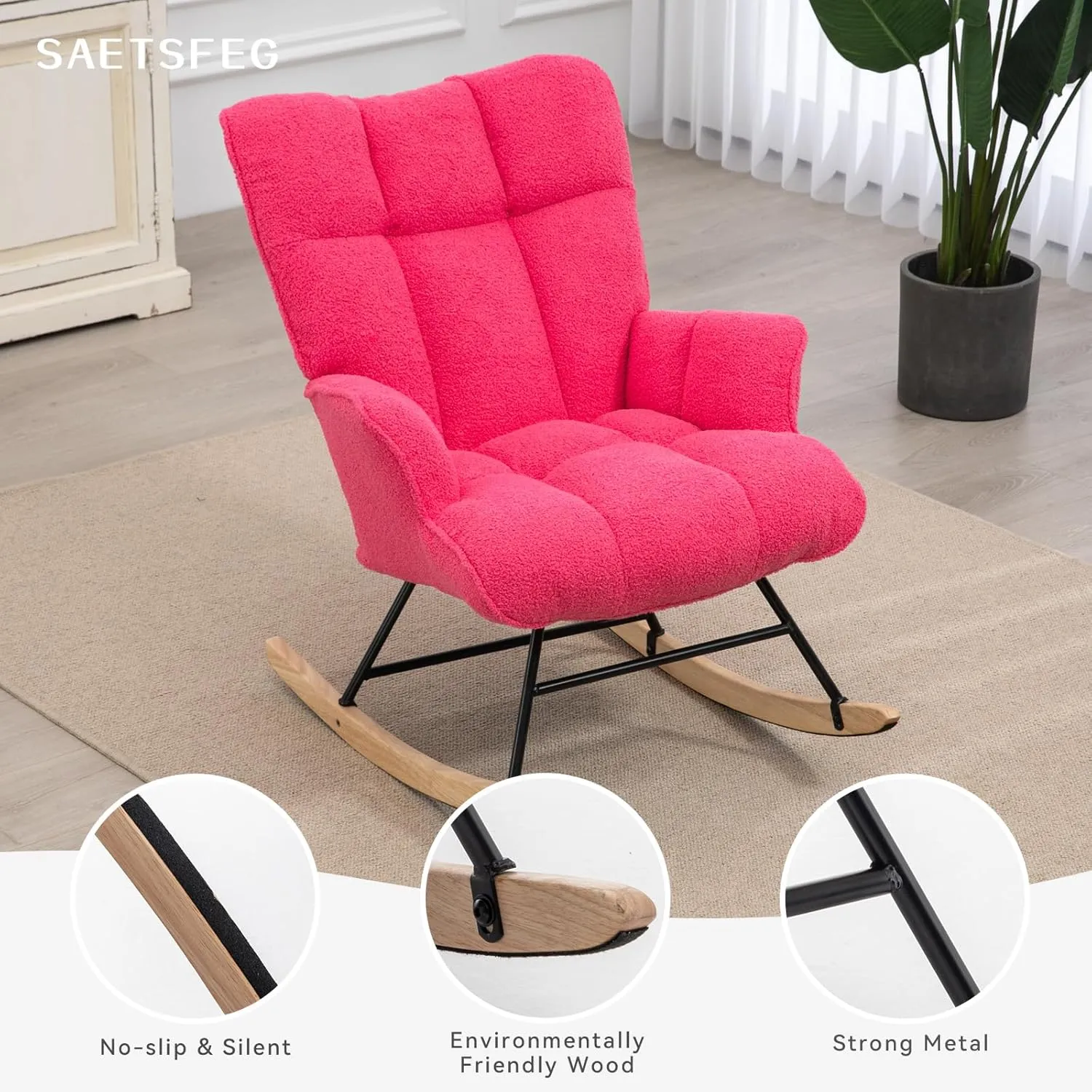 Rocking Chair Nursery Teddy, Upholstered Baby Fluffy Glider Rocker for Adults Small Spaces Indoor, Comfy Sherpa Compact Nursing Chairs for Living Room, Classroom, Bedroom, Hotpink