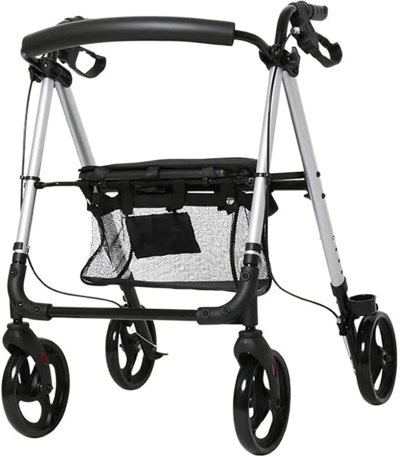 Rollator Walker Walking Frame Foldable Compact Mobility Aids with Seat Bag and Wheel Transport Walker Walking Stick Elderly Disabled