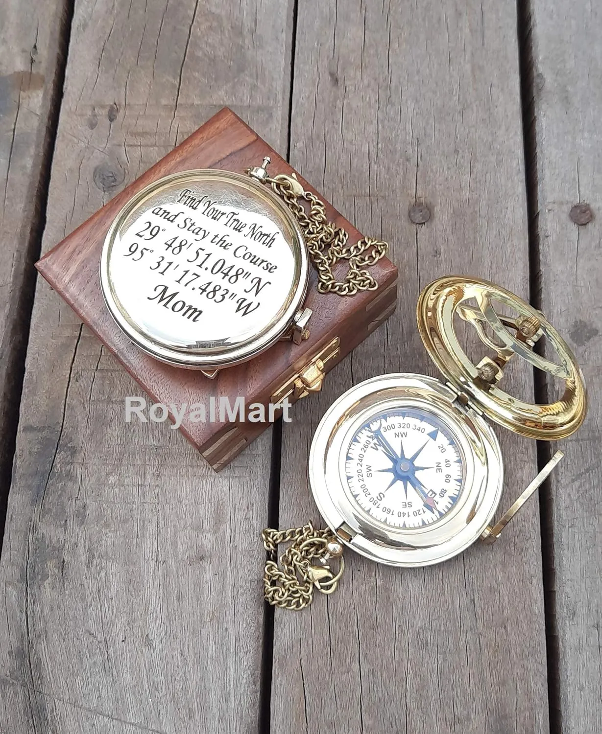 Royalmart Brass Sundial Compass with Brass Strip Push Button Open Mechanism Vintage Compass Engraved Compass Steampunk Accessory