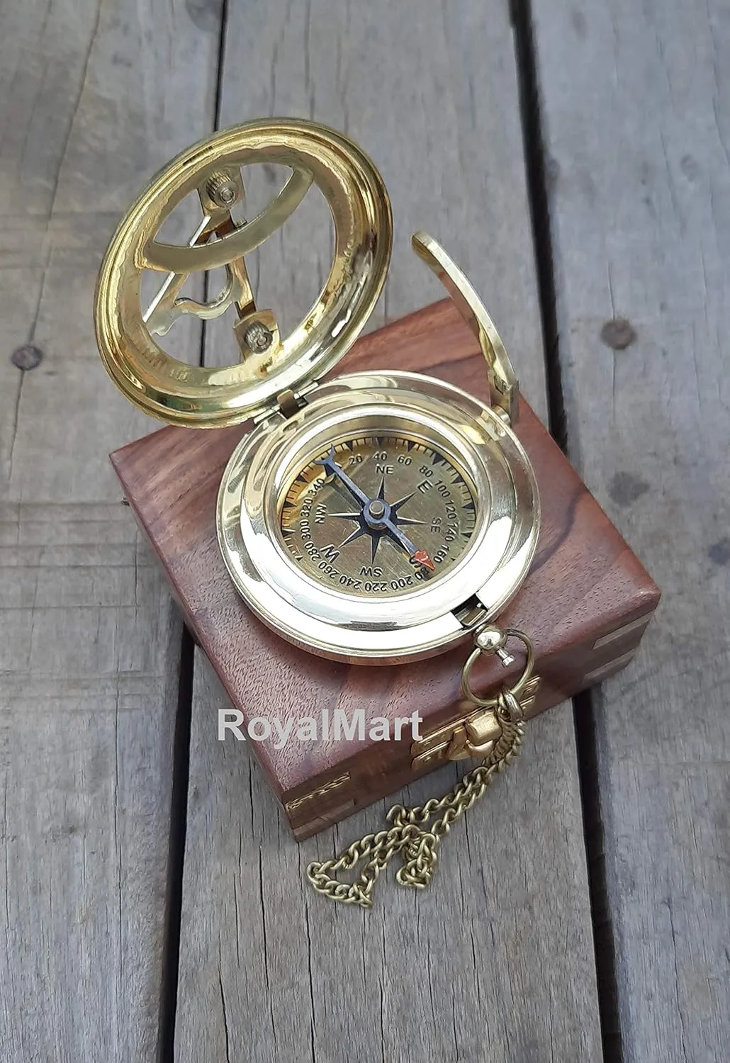 Royalmart Brass Sundial Compass with Brass Strip Push Button Open Mechanism Vintage Compass Engraved Compass Steampunk Accessory