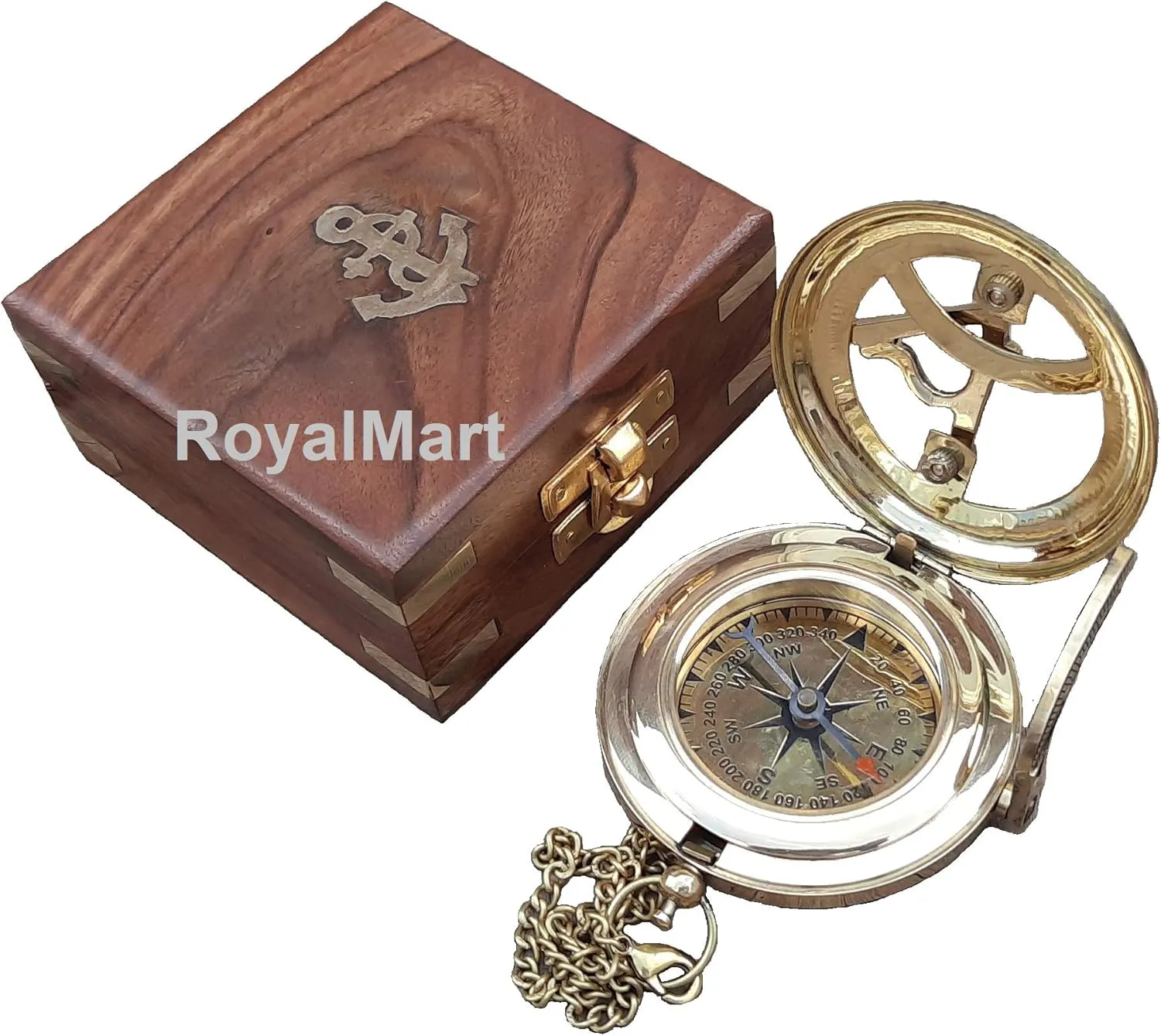 Royalmart Brass Sundial Compass with Brass Strip Push Button Open Mechanism Vintage Compass Engraved Compass Steampunk Accessory