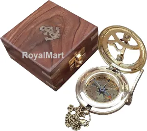 Royalmart Brass Sundial Compass with Brass Strip Push Button Open Mechanism Vintage Compass Engraved Compass Steampunk Accessory