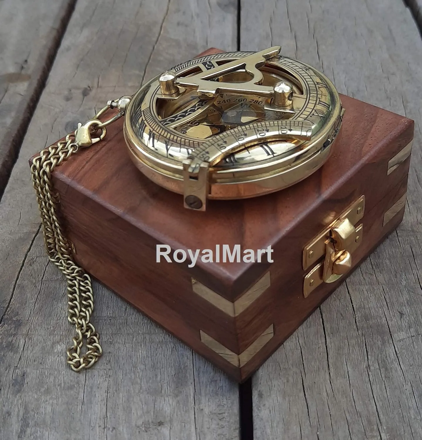 Royalmart Brass Sundial Compass with Brass Strip Push Button Open Mechanism Vintage Compass Engraved Compass Steampunk Accessory