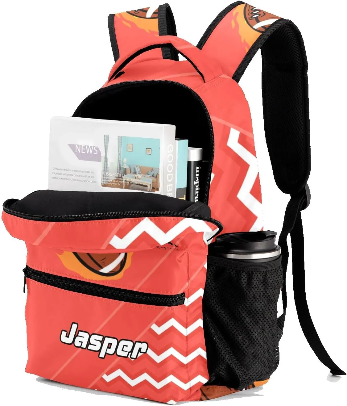 Rugby Football Fire Cool Excited Light Red Personalized School Bookbag with Your Own Name, Customization Casual Bookbags for Student Girls Boys