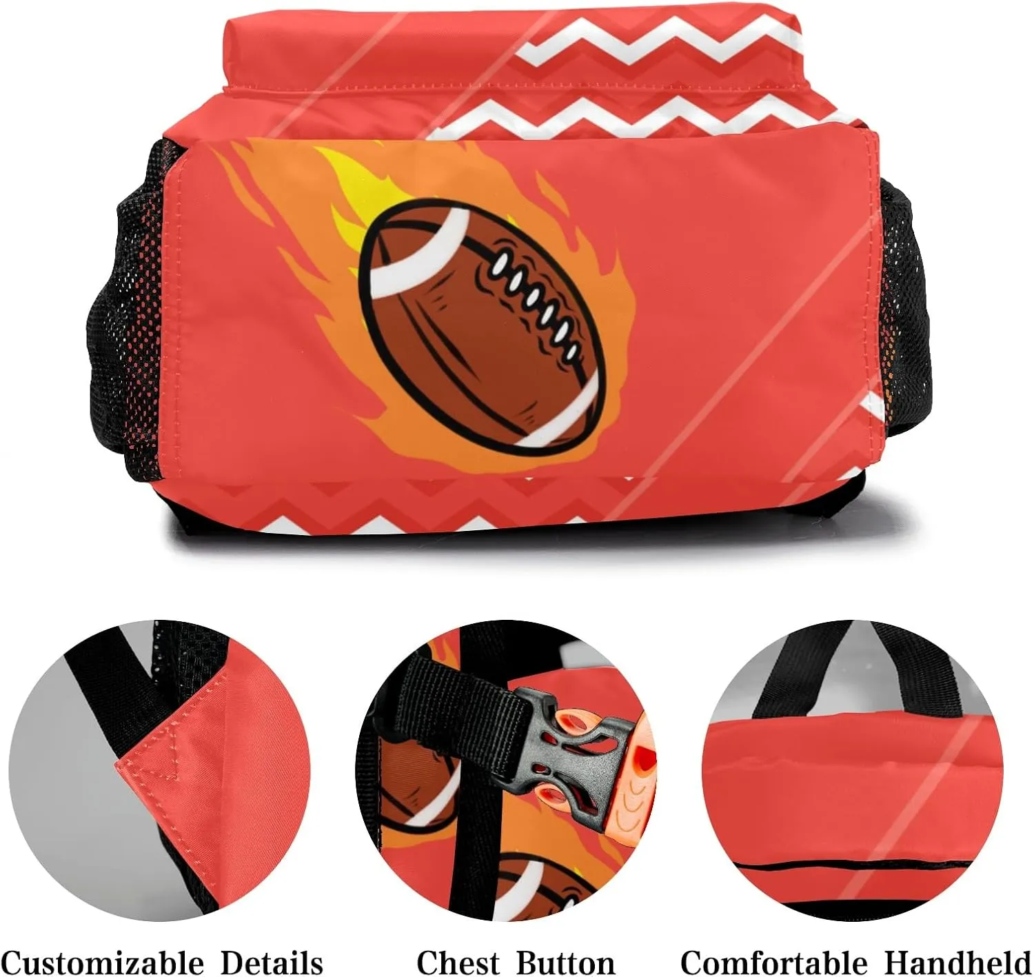 Rugby Football Fire Cool Excited Light Red Personalized School Bookbag with Your Own Name, Customization Casual Bookbags for Student Girls Boys