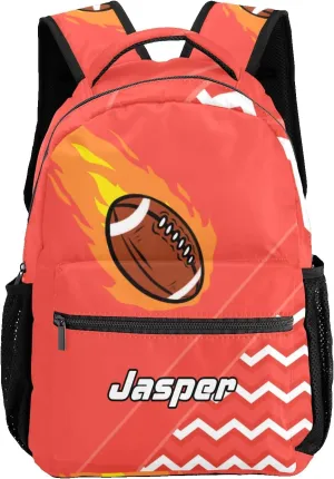 Rugby Football Fire Cool Excited Light Red Personalized School Bookbag with Your Own Name, Customization Casual Bookbags for Student Girls Boys