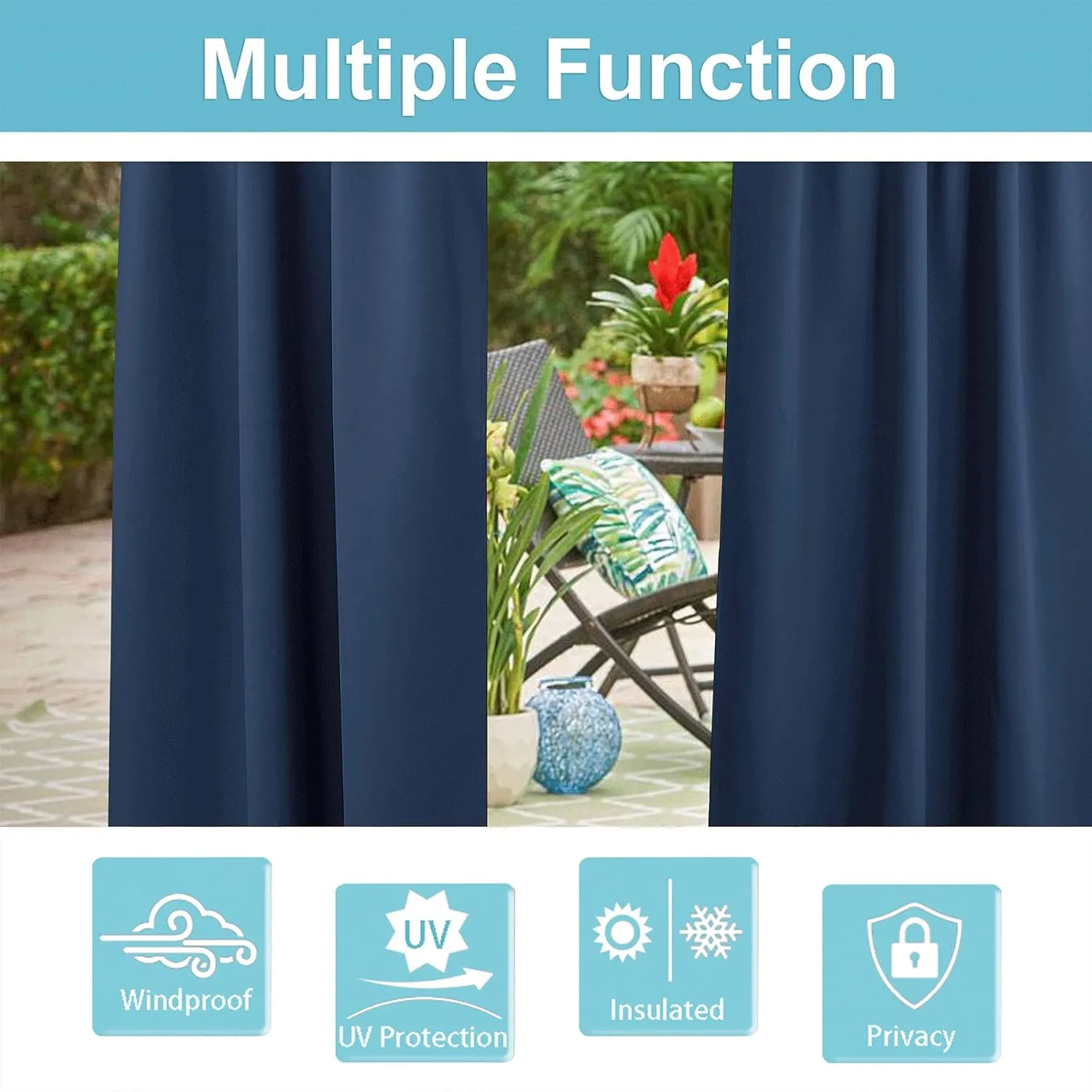RYB HOME Waterproof Outdoor Curtains - Sunlight Block Windproof Privacy Outside Deck for Patio Porch Balcony Pergola Shower Enclosure, W 52 x L 90 inches, 1 Panel, Navy Blue