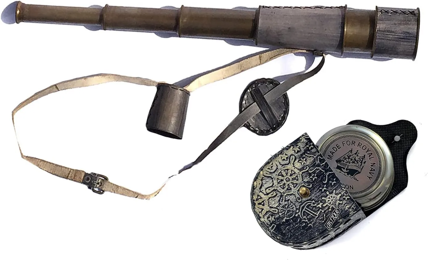 Sailor Spyglass Brass Telescope with Vintage Leather Shoulder Strap & Made for Royal Navy Brass Calendar Compass in Leather Case