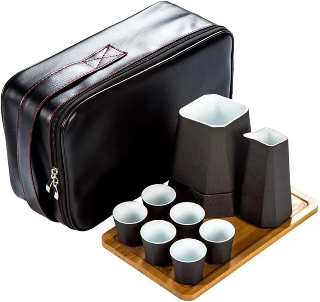 Sake Set Japanese with Storage Bag Sake Cup Set Traditional 10 Pieces, Including 1 Heating Cup, 1 Cup of Sake, 6 Cups of Sake 1 Tray and Candle Stove