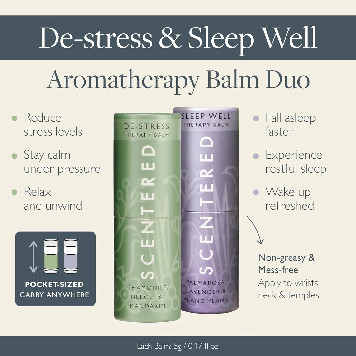 Scentered Aromatherapy Balm Stick Duo for Sleep & Stress-Relief - Roll On Essential Oil Blends of Lavender & Chamomile - Aromatherapy Gifts for Women - Sleep Well & De-Stress