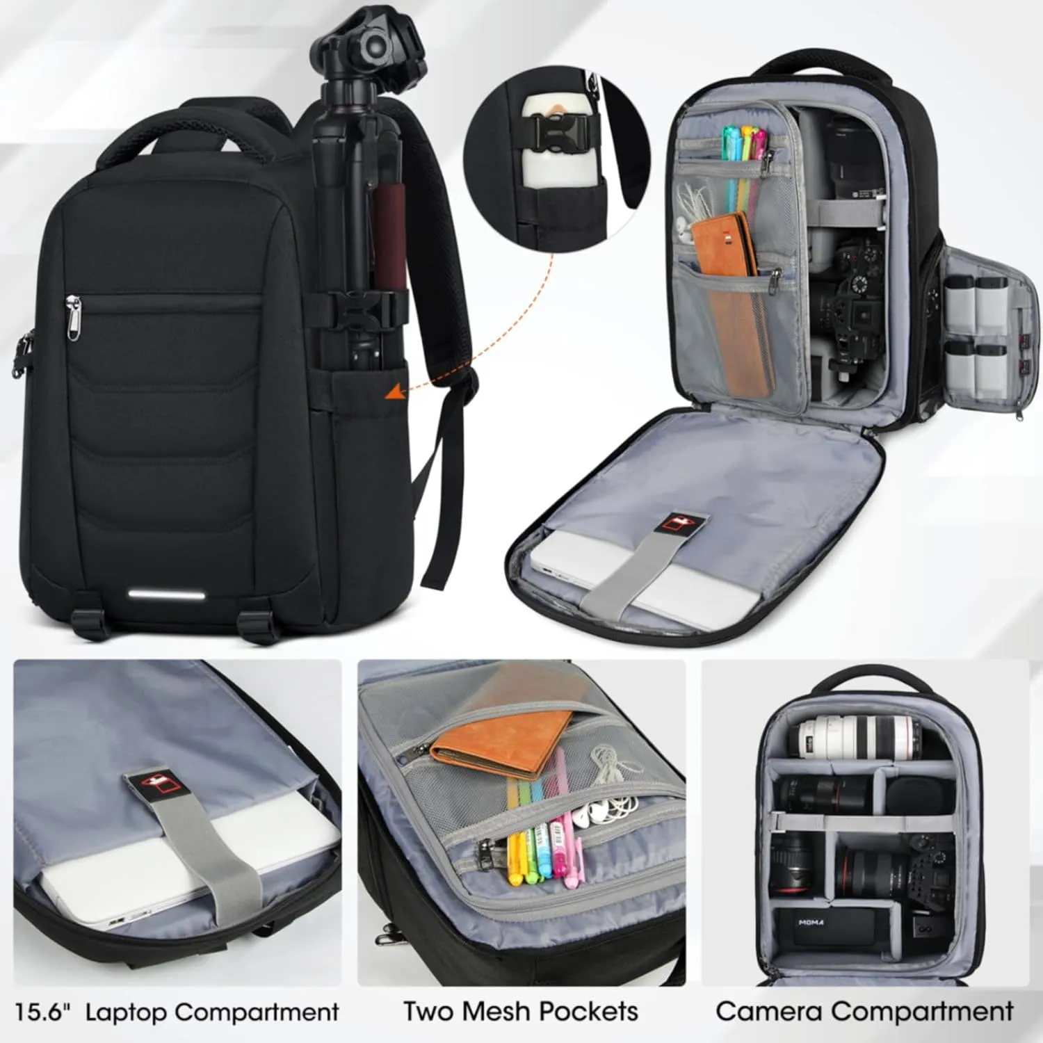 SDYSM Camera Bag Backpack Professional for DSLR SLR Mirrorless Camera Waterproof Laptop Back Pack 15.6 Inch with Rain Cover Anti Theft Travel Case Large Capacity Photography Backpack Black