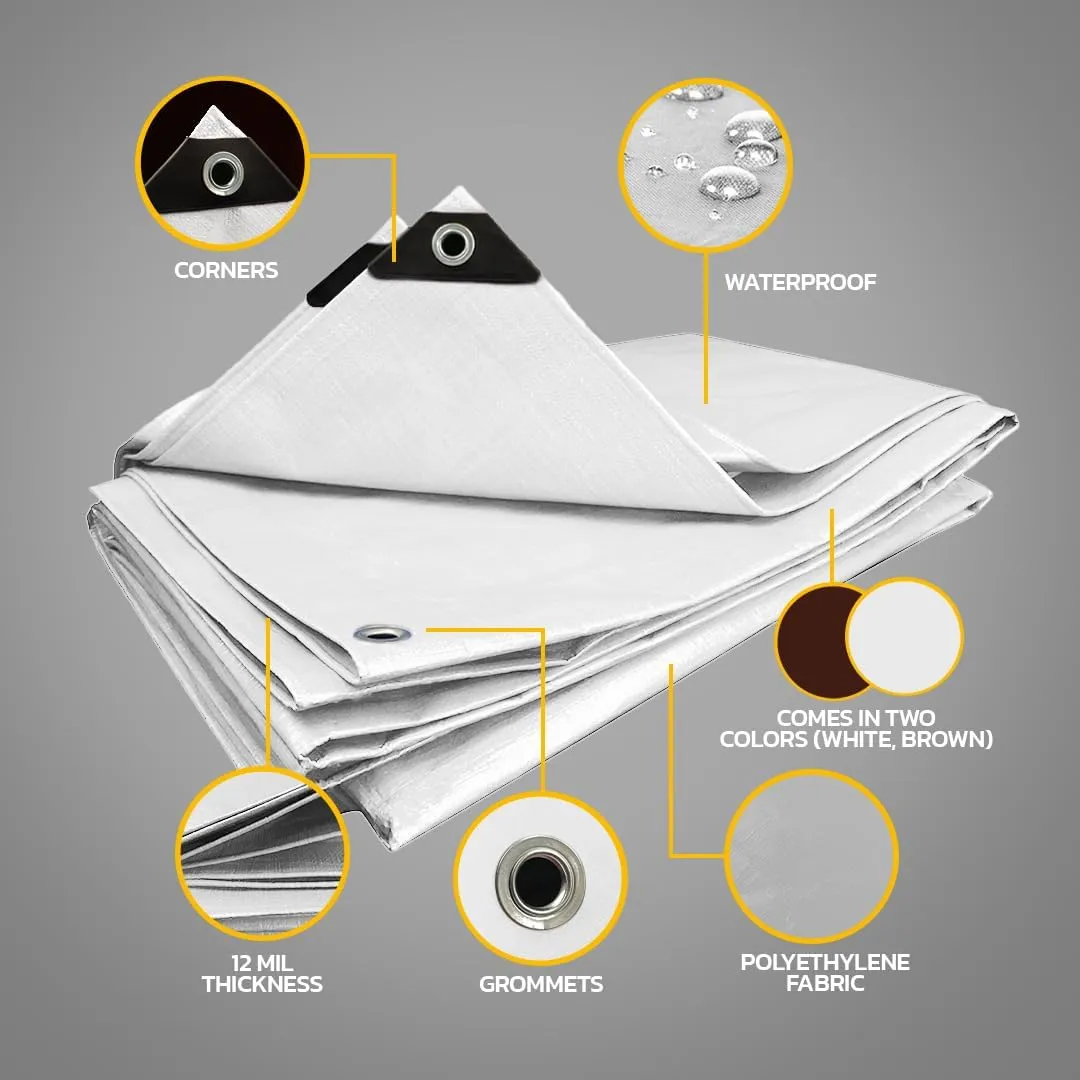 Seal Skin Covers Heavy Duty Waterproof Tarp 8x10 FT, 12 Mil 8 OZ 120 GSM Thick White Poly Tarp with Rustproof Grommets, Tear-Proof Cover with Reinforced Edges for Camping, Pool, Canopy Use