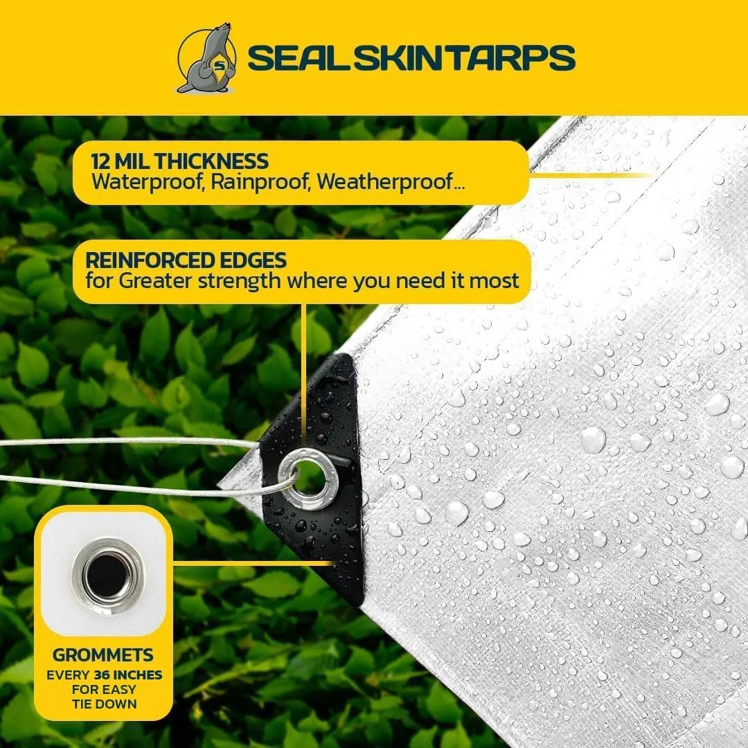 Seal Skin Covers Heavy Duty Waterproof Tarp 8x10 FT, 12 Mil 8 OZ 120 GSM Thick White Poly Tarp with Rustproof Grommets, Tear-Proof Cover with Reinforced Edges for Camping, Pool, Canopy Use
