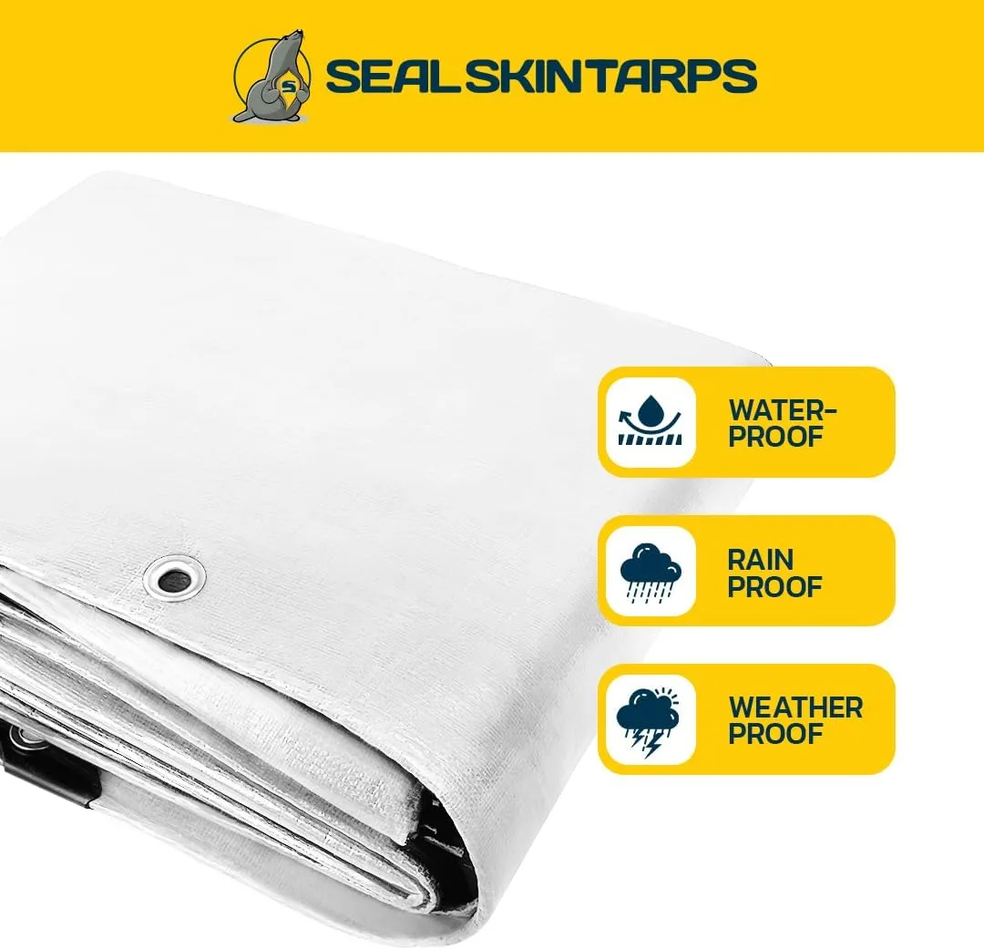 Seal Skin Covers Heavy Duty Waterproof Tarp 8x10 FT, 12 Mil 8 OZ 120 GSM Thick White Poly Tarp with Rustproof Grommets, Tear-Proof Cover with Reinforced Edges for Camping, Pool, Canopy Use