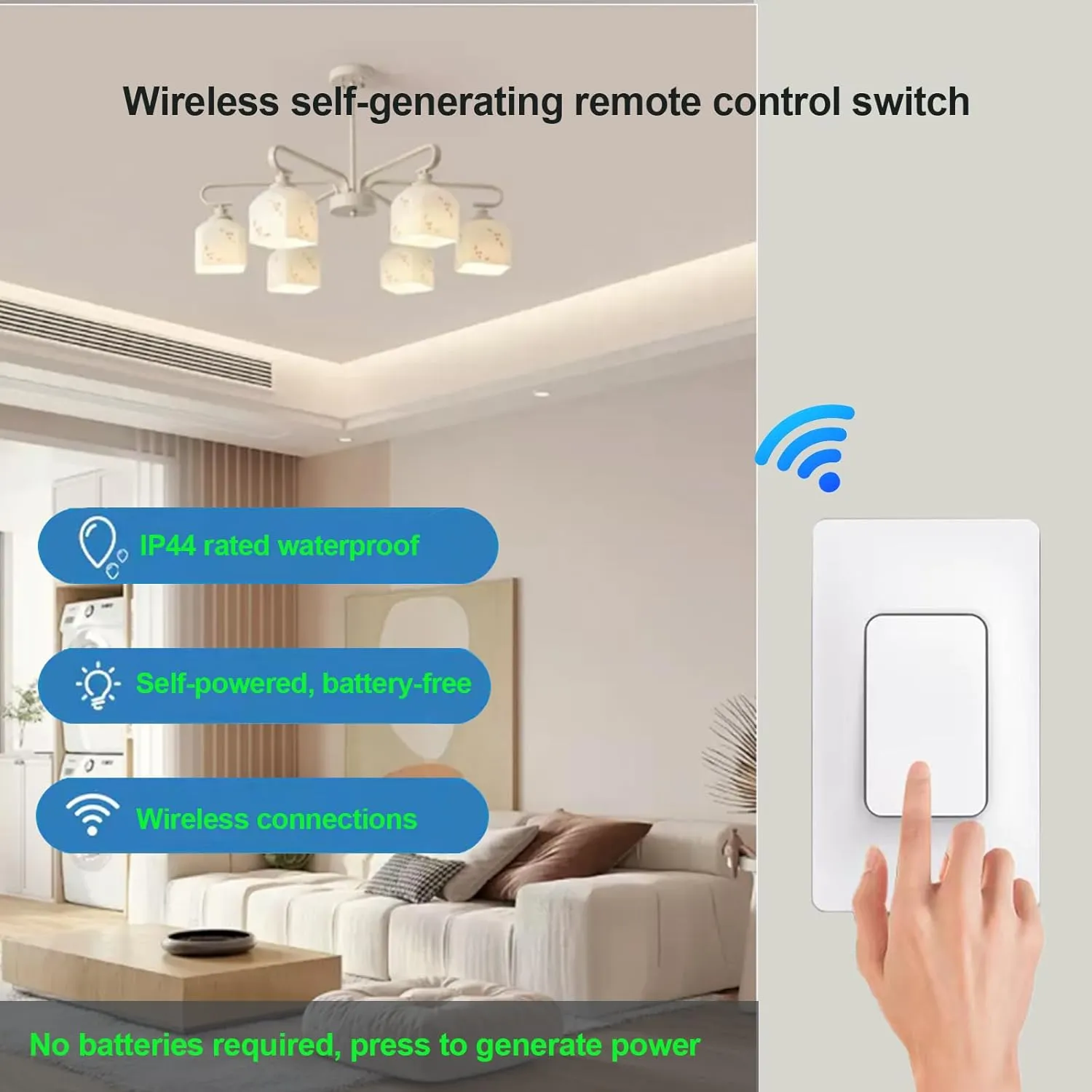 Self-Powered Wireless Light Switch and Receiver Kit, Kinetic Remote Control Wall Switch for Lights LED Lamps Ceiling Lighting Fixture Fans No Battery No WiFi Needed