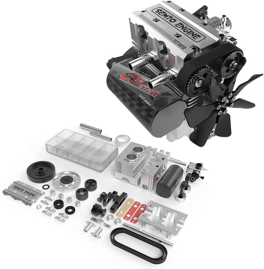 SEMTO Engine Model Kit That Works for Adults, ST-NF2 7.0 Mini Engine Inline 2-Cylinder 4-Stroke Air-Cooled IC Engine Motor Science DIY Assembly Kit Toy for Engine Enthusiasts -Silver