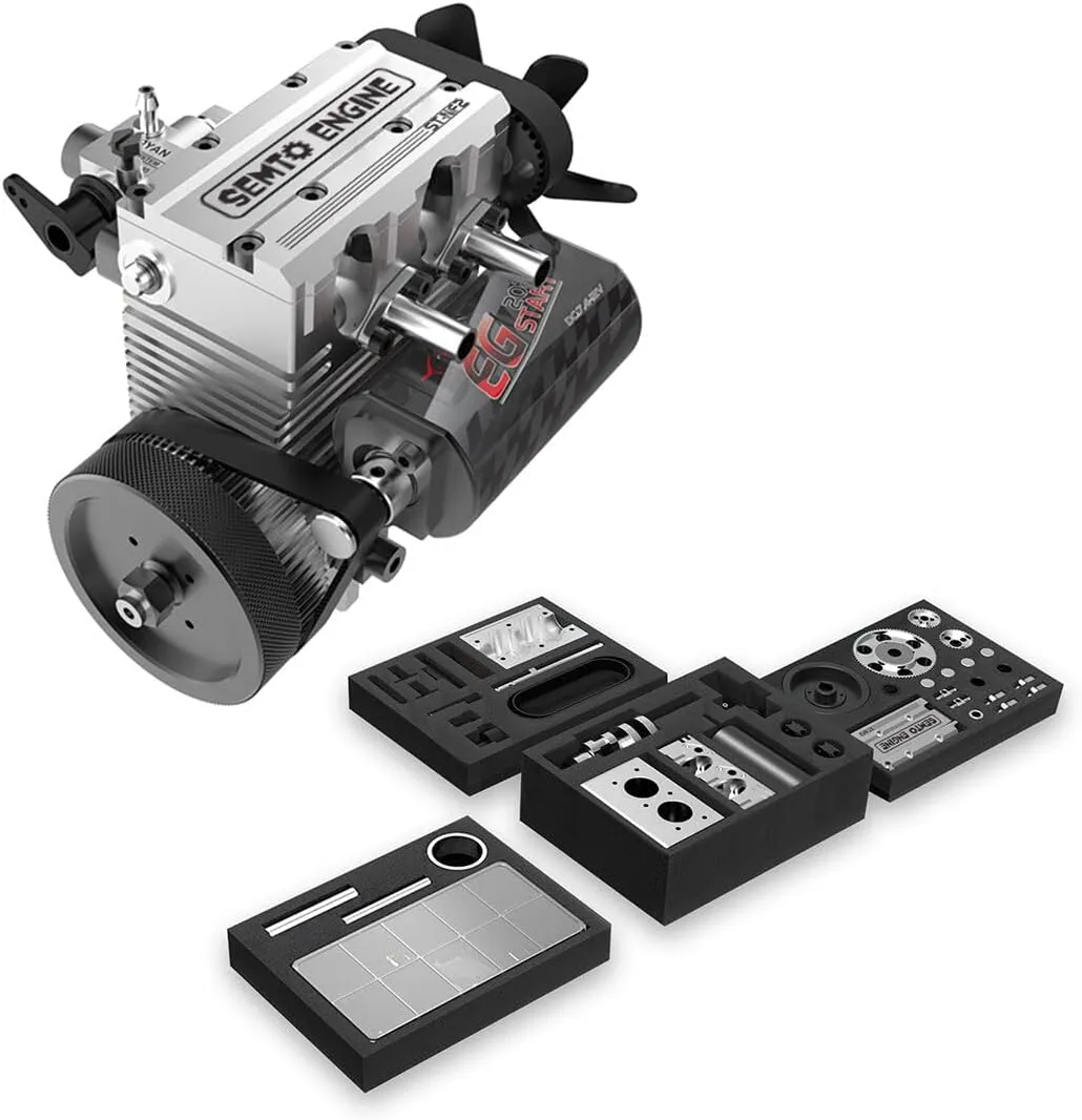 SEMTO Engine Model Kit That Works for Adults, ST-NF2 7.0 Mini Engine Inline 2-Cylinder 4-Stroke Air-Cooled IC Engine Motor Science DIY Assembly Kit Toy for Engine Enthusiasts -Silver