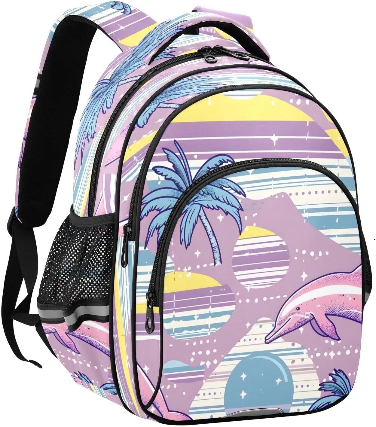 senya Backpack Toddler School Book Bag for Girls Boys Kids Travel Bag Pink Plam Tree with Jump Dolphin 8-14 Years Old