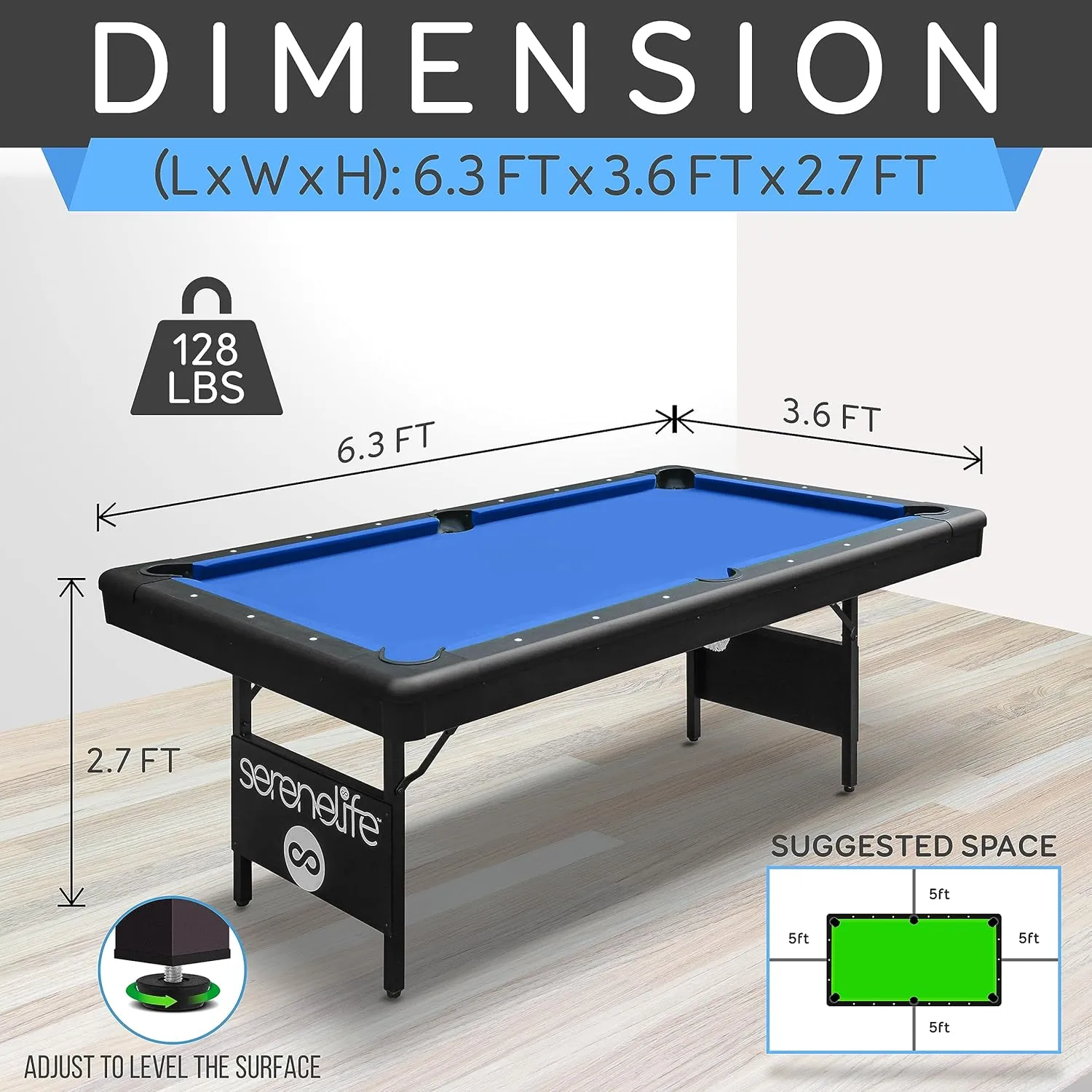 SereneLife 6-Ft Folding Pool Table - Best in Stability - Steel Frame, Fully Supported Slate, Welded Leg Supports with Safety Anti Collapse Locks, 128LB Heavy Duty Billiard Game and Accessory Set