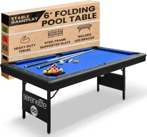 SereneLife 6-Ft Folding Pool Table - Best in Stability - Steel Frame, Fully Supported Slate, Welded Leg Supports with Safety Anti Collapse Locks, 128LB Heavy Duty Billiard Game and Accessory Set