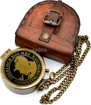 Sherlock Holmes Consulting Ditective Antique Compass with Leather Case Camping Compass Hiking Compass Best Graduation Day Gift Compass Birthday Gift Aniversay Gift Christmas Day Gift.