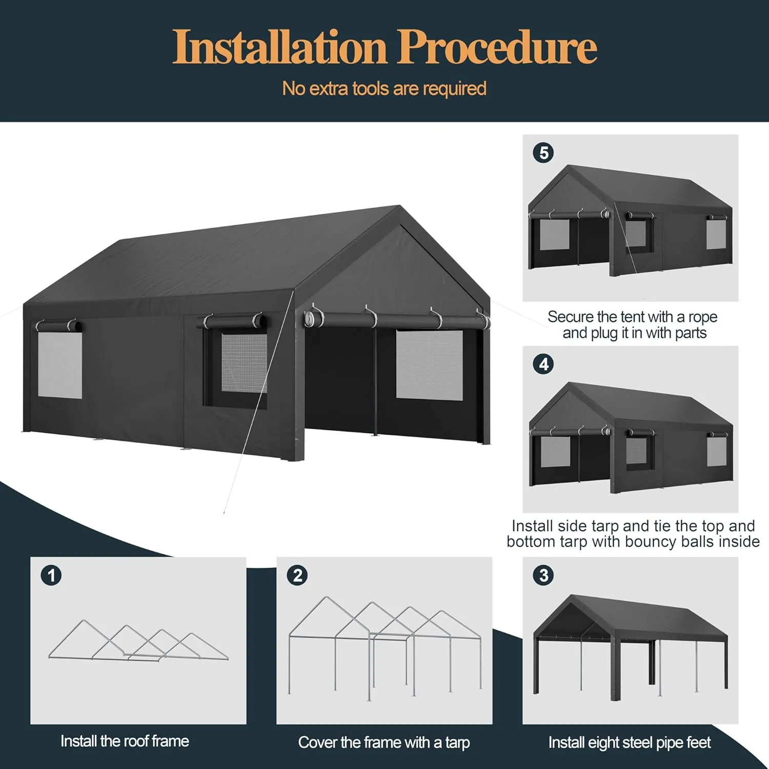 Shintenchi Carport 12' x 20' Heavy Duty Portable Garage, Carport Canopy with Side-Opening Door & Roll-Up Windows, Car Canopy for Truck,Car,Boat,Grey