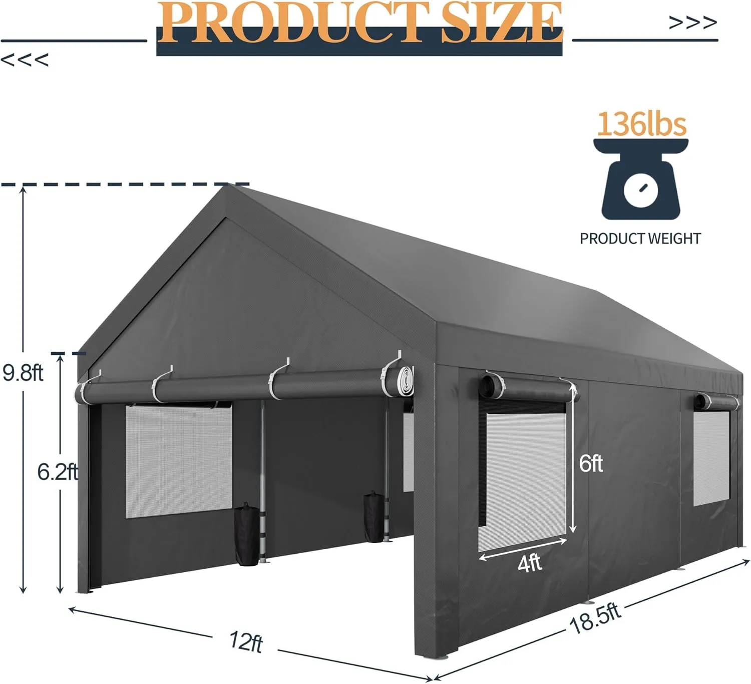 Shintenchi Carport 12' x 20' Heavy Duty Portable Garage, Carport Canopy with Side-Opening Door & Roll-Up Windows, Car Canopy for Truck,Car,Boat,Grey