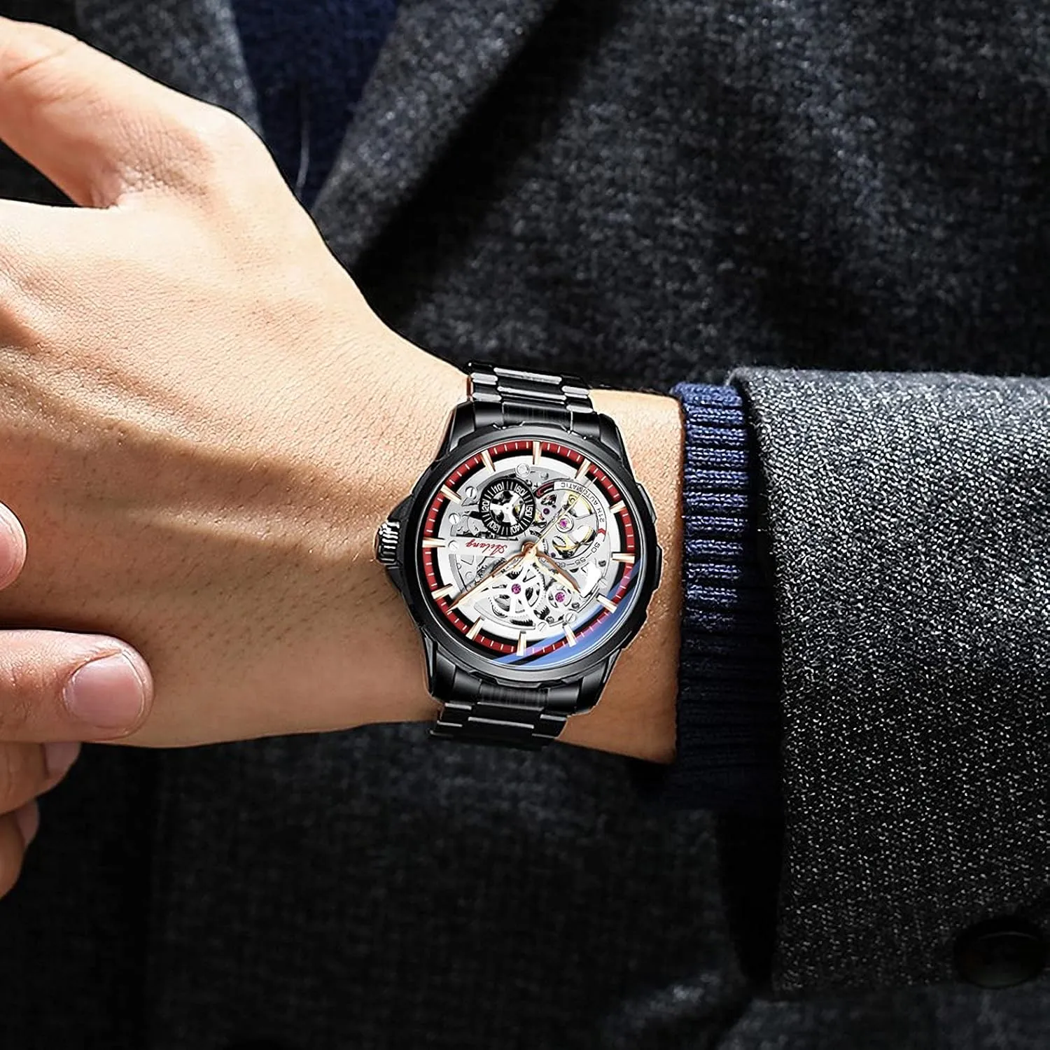 Skeleton Watches for Men with Steampunk Automatic Mechanical Wristwatch