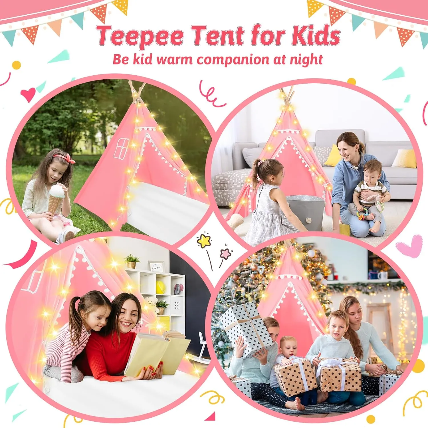Sleepover Tents for Kids Party, 4-Set Teepee Tent for Kids Slumber Party Tents with Inflatable Airbed, Light String, Washable Tent Natural Cotton Toddler Play Bed Tent for Boys Girls (Pink)