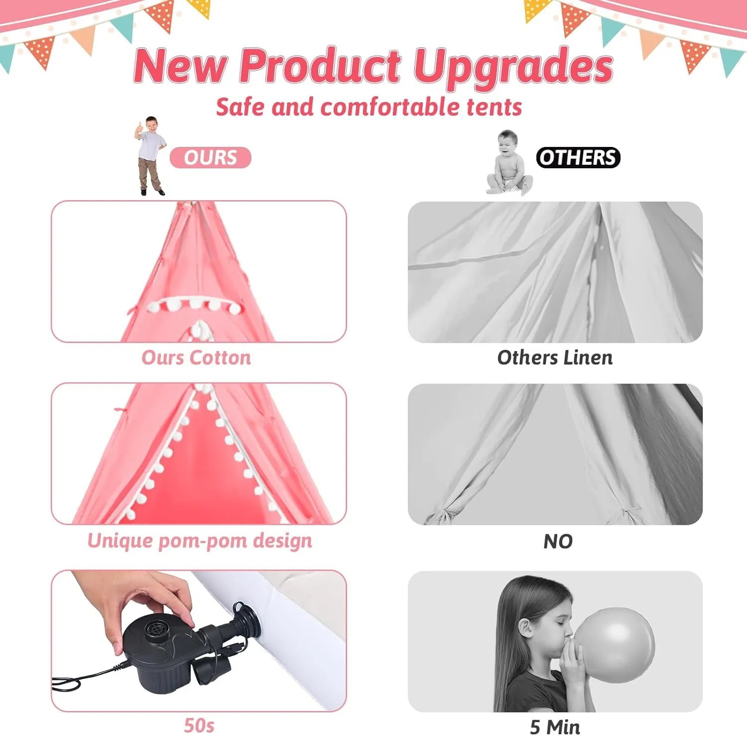 Sleepover Tents for Kids Party, 4-Set Teepee Tent for Kids Slumber Party Tents with Inflatable Airbed, Light String, Washable Tent Natural Cotton Toddler Play Bed Tent for Boys Girls (Pink)