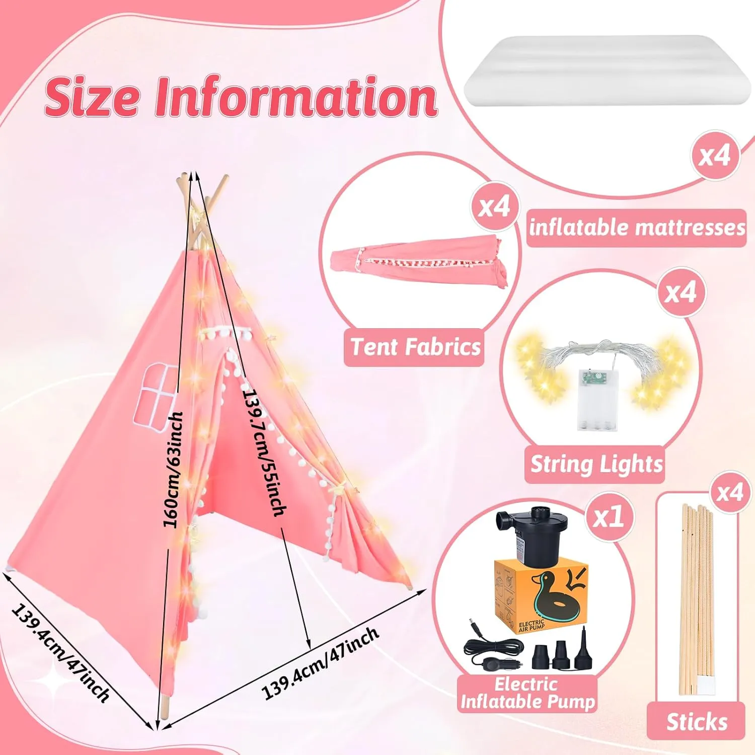 Sleepover Tents for Kids Party, 4-Set Teepee Tent for Kids Slumber Party Tents with Inflatable Airbed, Light String, Washable Tent Natural Cotton Toddler Play Bed Tent for Boys Girls (Pink)